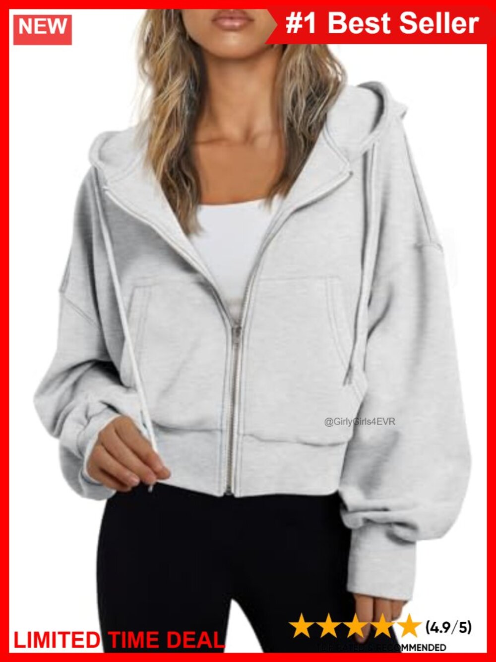 Womens Zip Up Cropped Hoodie Polyester Cotton Relaxed Drop Shoulder